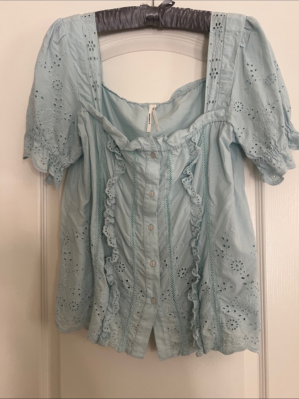 Anthropologie Light Blue Eyelet Ruffle Button-Front Top